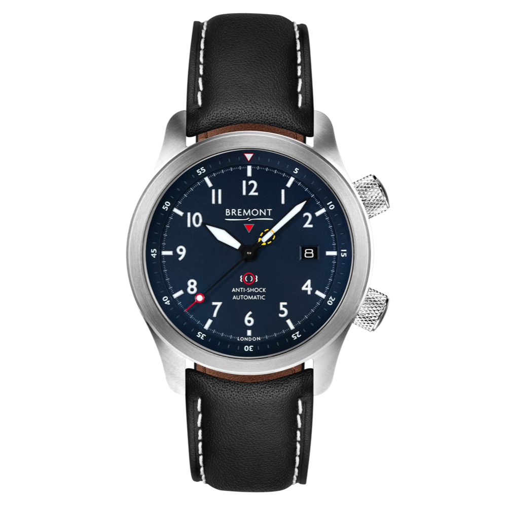 Bremont Watch Company Configurator Grey with White Stitch Leather / Short / Pin Buckle MBII Custom Stainless Steel, Blue Dial with Blue Barrel & Open Case Back
