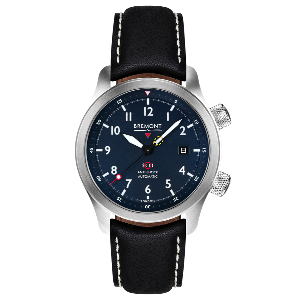 Bremont Watch Company Configurator Black with White Stitch Leather / Short / Pin Buckle MBII Custom Stainless Steel, Blue Dial with Jet Barrel & Open Case Back