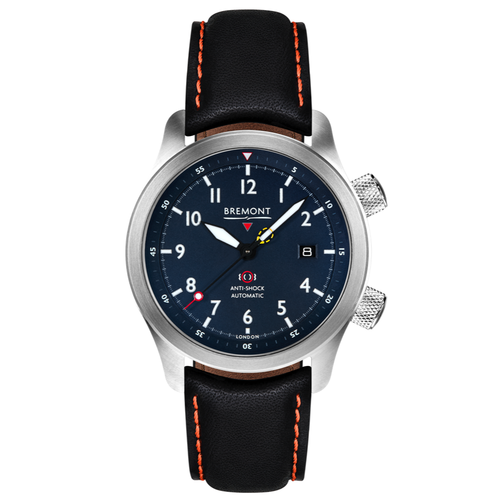 Bremont Watch Company Configurator Black with Orange Stitch Leather / Short / Pin Buckle MBII Custom Stainless Steel, Blue Dial with Yellow Barrel & Closed Case Back
