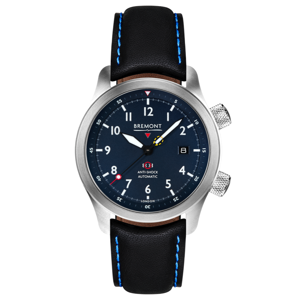 Bremont Watch Company Configurator Black with Blue Stitch Leather / Short / Pin Buckle MBII Custom Stainless Steel, Blue Dial with Green Barrel & Closed Case Back