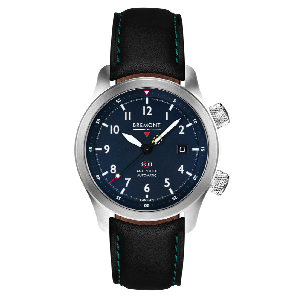 Bremont Watch Company Configurator Black with Green Stitch Leather / Short / Pin Buckle MBII Custom Stainless Steel, Blue Dial with Yellow Barrel & Closed Case Back