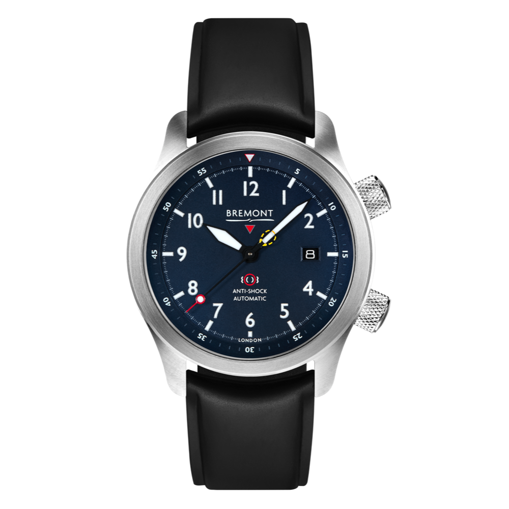Bremont Watch Company Configurator Black Temple Island / Short / Pin Buckle MBII Custom Stainless Steel, Blue Dial with Orange Barrel & Open Case Back