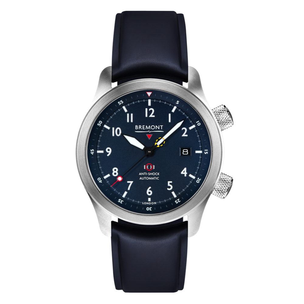 Bremont Watch Company Configurator Blue Temple Island / Short / Pin Buckle MBII Custom Stainless Steel, Blue Dial with Orange Barrel & Closed Case Back