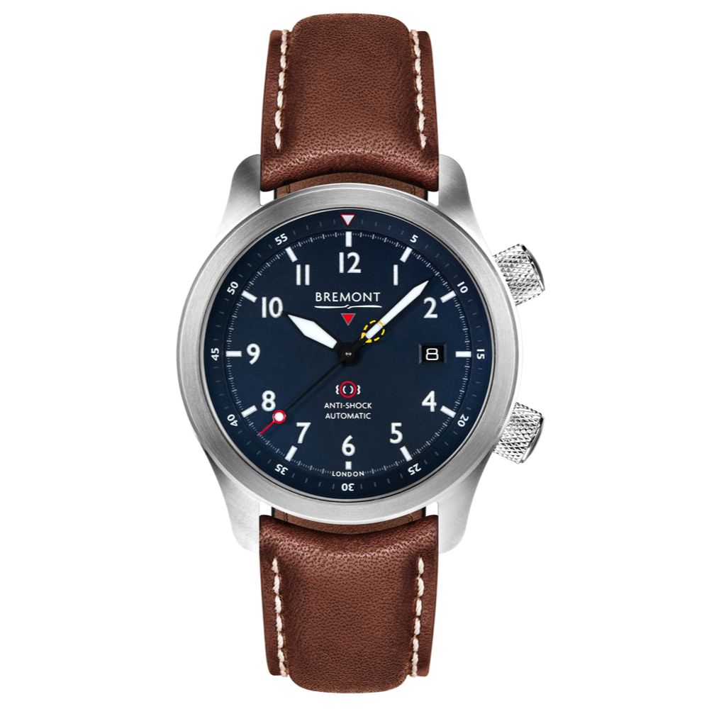 Bremont Watch Company Configurator Brown with White Stitch Leather / Short / Pin Buckle MBII Custom Stainless Steel, Blue Dial with Titanium Barrel & Open Case Back