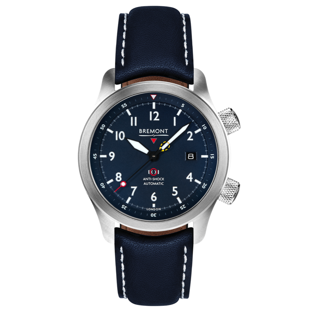 Bremont Watch Company Configurator Blue with White Stitch Leather / Short / Pin Buckle MBII Custom Stainless Steel, Blue Dial with Titanium Barrel & Open Case Back