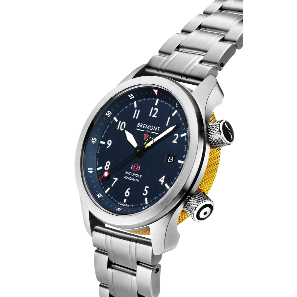 Bremont Watch Company Configurator MBII Custom Stainless Steel, Blue Dial with Yellow Barrel & Closed Case Back