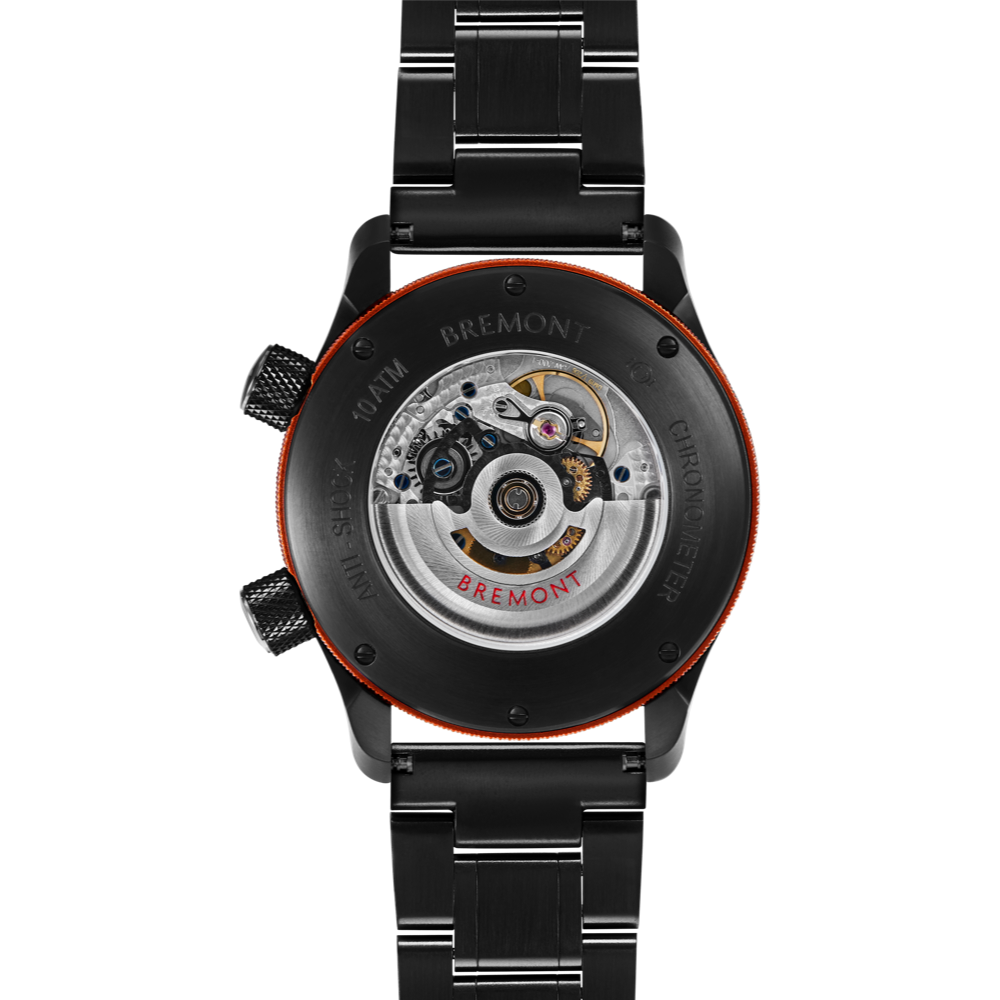 Bremont Watch Company Configurator MBII Custom DLC, Black Dial with Orange Barrel & Open Case Back