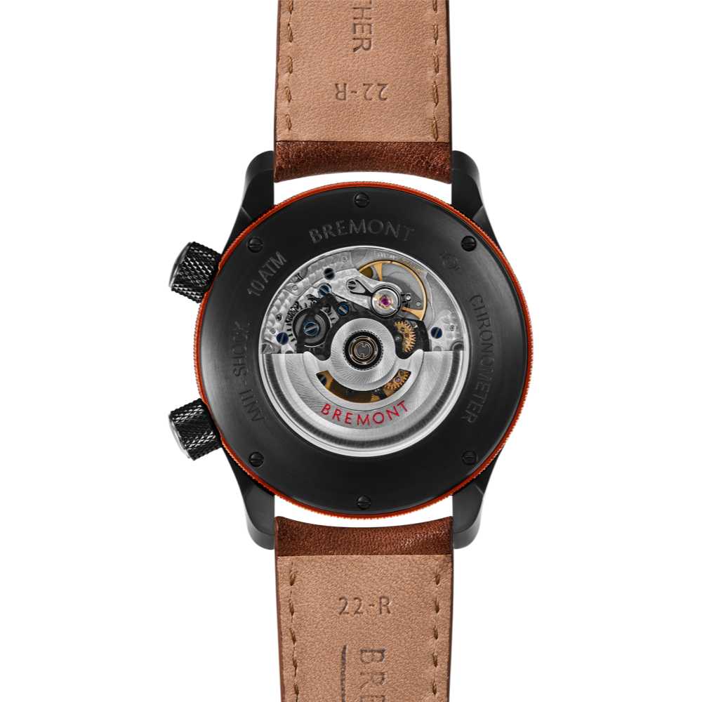 Bremont Watch Company Configurator MBII Custom DLC, Black Dial with Orange Barrel & Open Case Back