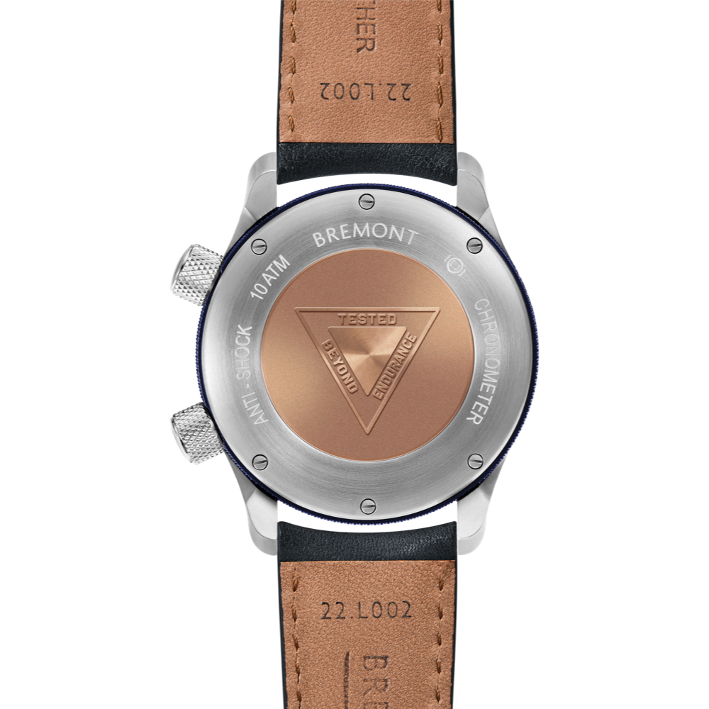 Bremont Watch Company Configurator MBII Custom Stainless Steel, White Dial with Blue Barrel & Closed Case Back