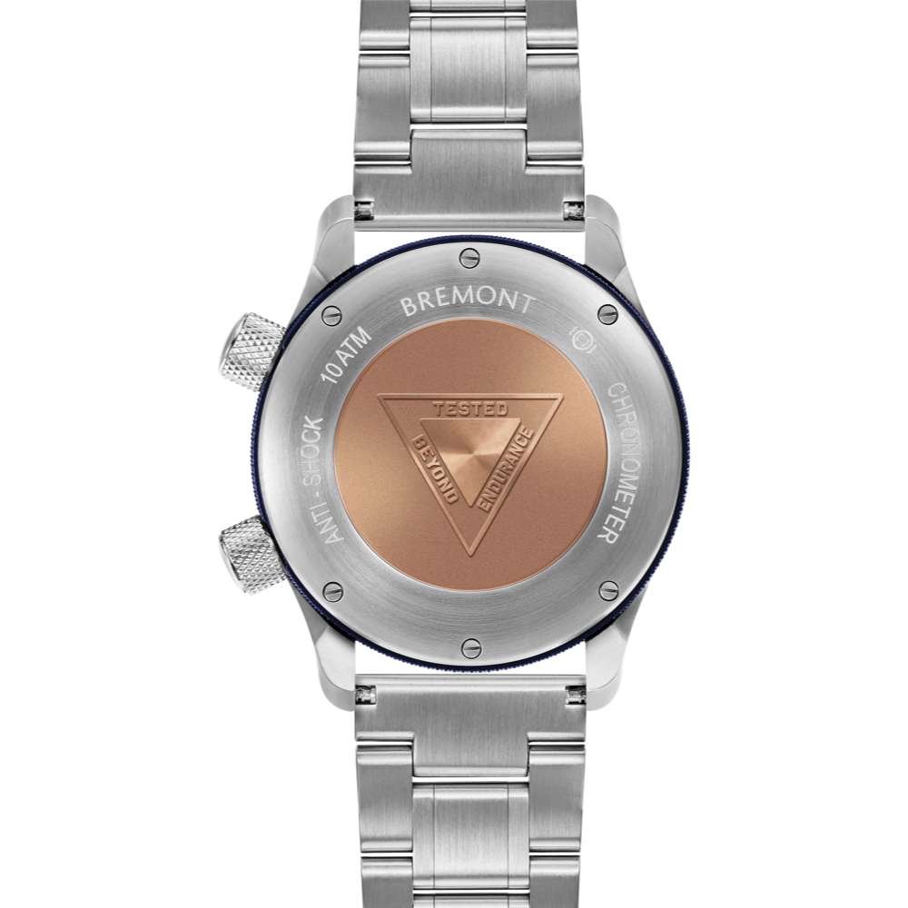 Bremont Watch Company Configurator MBII Custom Stainless Steel, White Dial with Blue Barrel & Closed Case Back