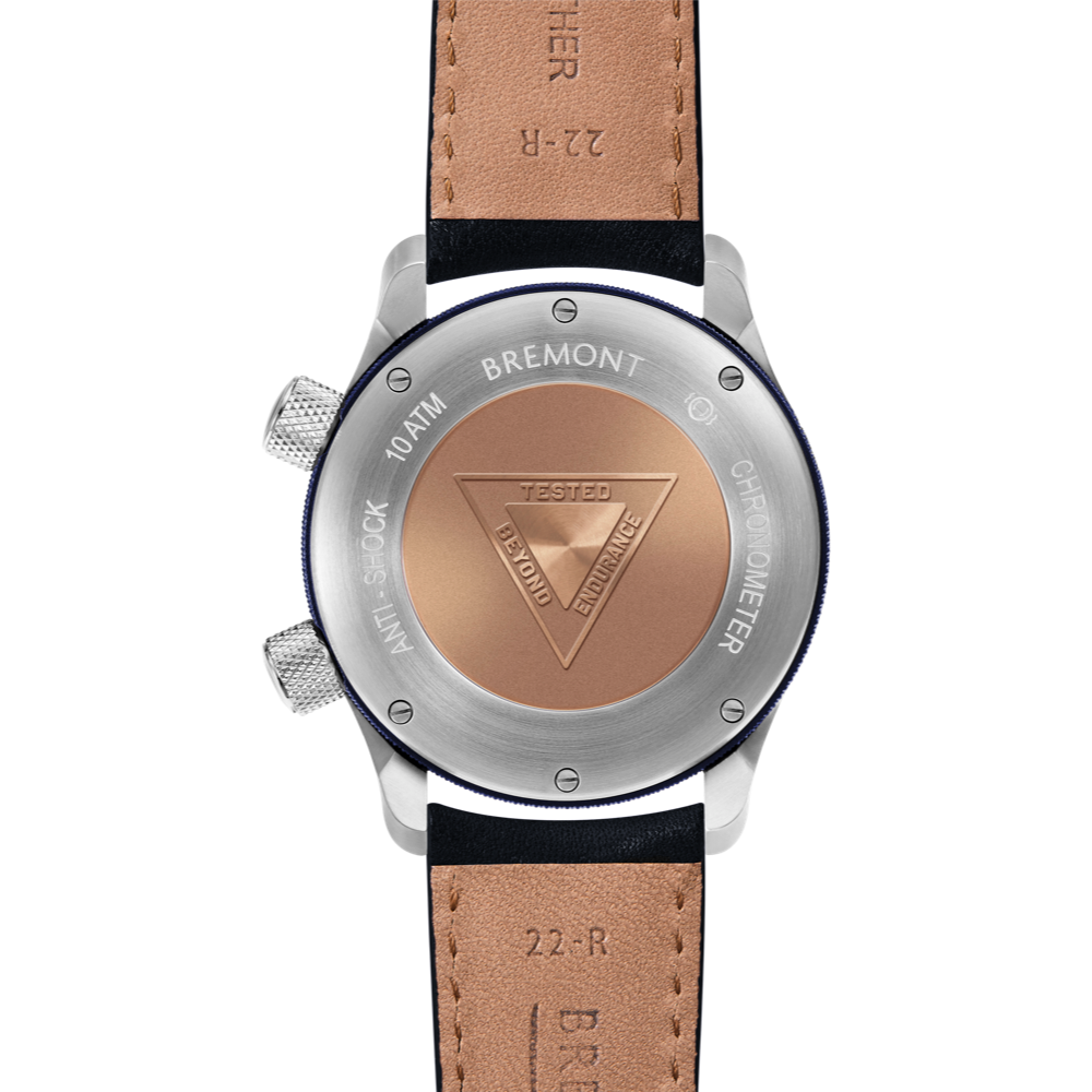 Bremont Watch Company Configurator MBII Custom Stainless Steel, White Dial with Blue Barrel & Closed Case Back