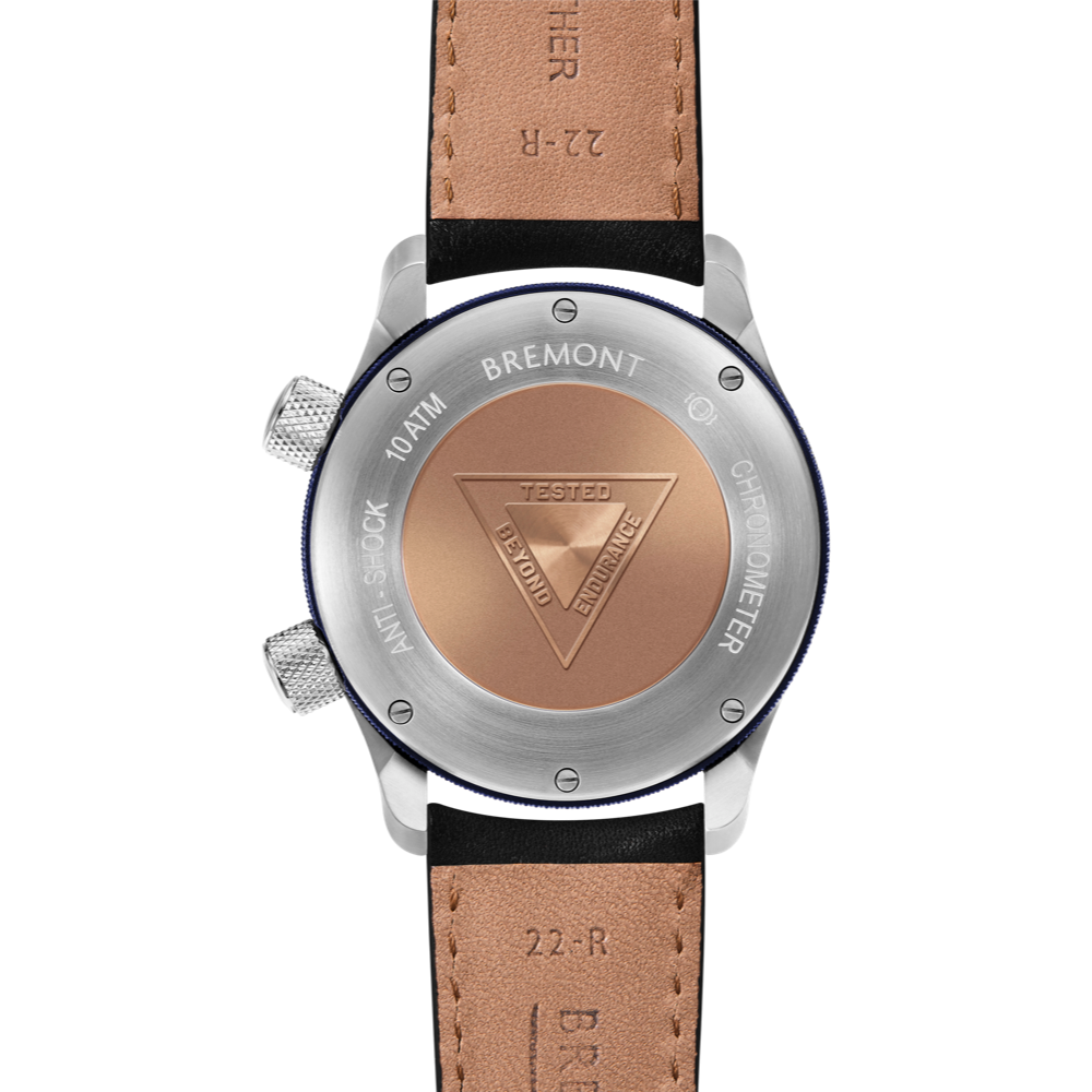 Bremont Watch Company Configurator MBII Custom Stainless Steel, White Dial with Blue Barrel & Closed Case Back