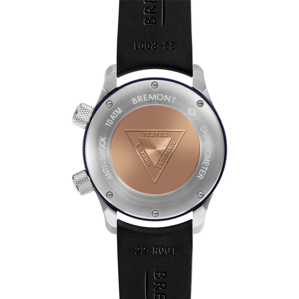 Bremont Watch Company Configurator MBII Custom Stainless Steel, White Dial with Blue Barrel & Closed Case Back