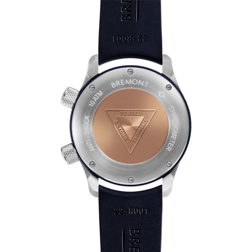 Bremont Watch Company Configurator MBII Custom Stainless Steel, White Dial with Blue Barrel & Closed Case Back
