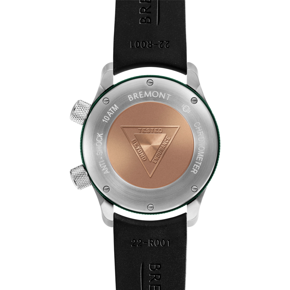 Bremont Watch Company Configurator MBII Custom Stainless Steel, Black Dial with Green Barrel & Closed Case Back