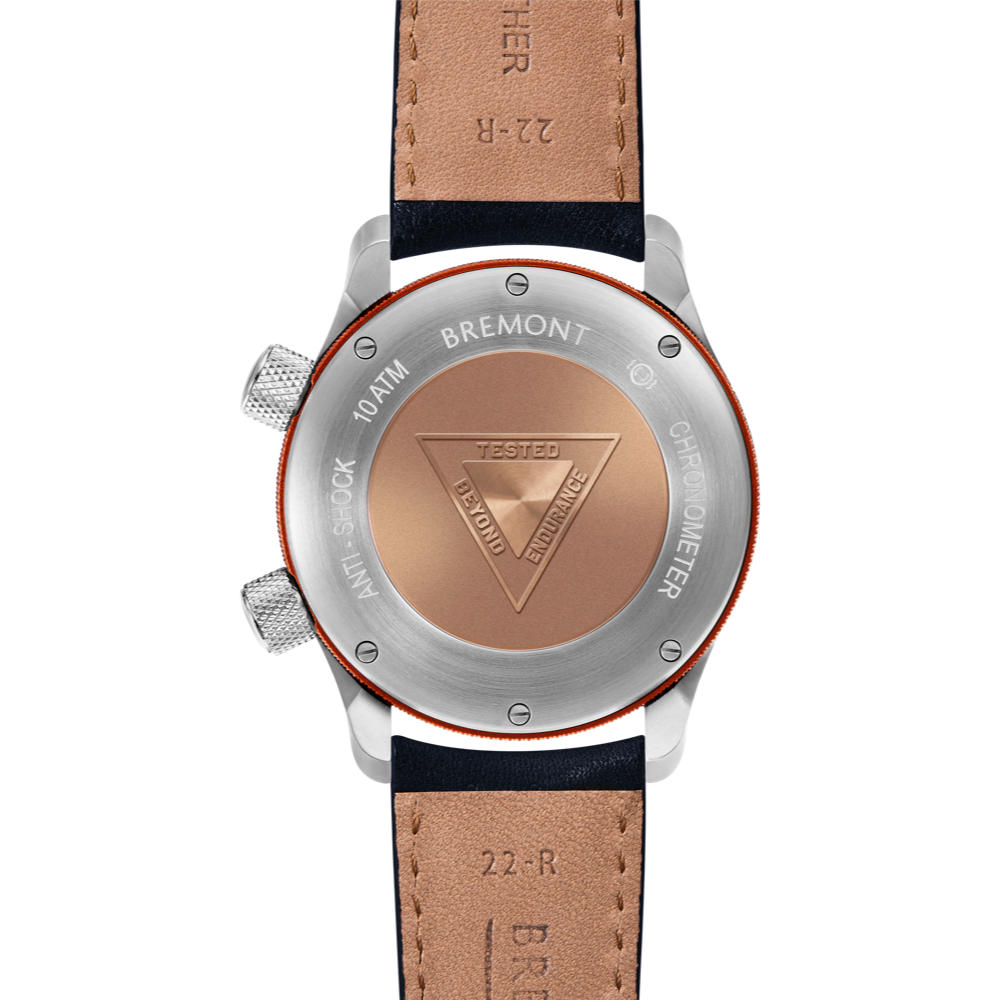 Bremont Watch Company Configurator MBII Custom Stainless Steel, Blue Dial with Orange Barrel & Closed Case Back