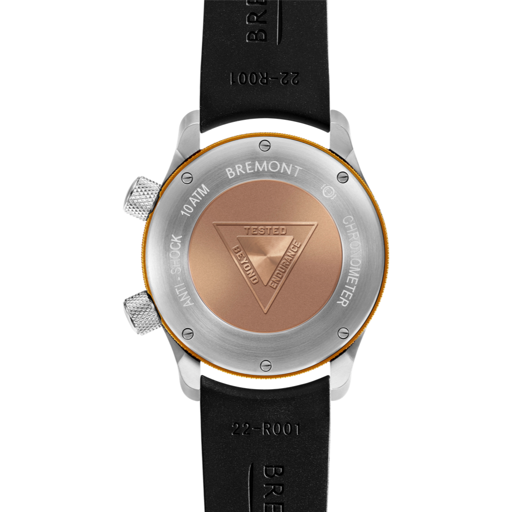 Bremont Watch Company Configurator MBII Custom Stainless Steel, Black Dial with Yellow Barrel & Closed Case Back