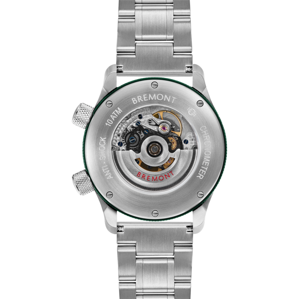 Bremont Watch Company Configurator MBII Custom Stainless Steel, Blue Dial with Green Barrel & Open Case Back