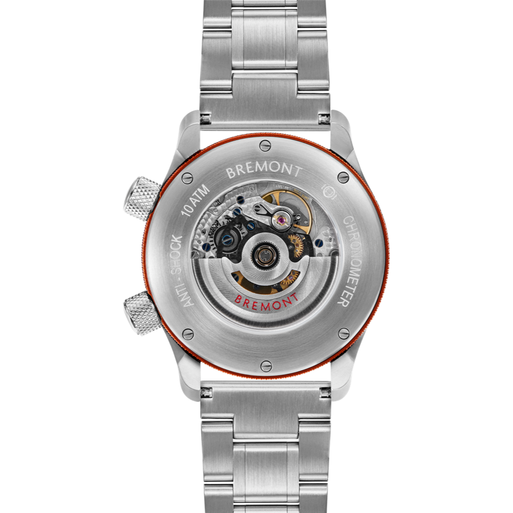 Bremont Watch Company Configurator MBII Custom Stainless Steel, Black Dial with Orange Barrel & Open Case Back