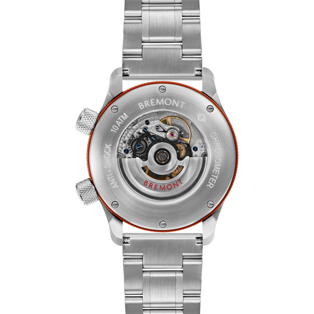 Bremont Watch Company Configurator MBII Custom Stainless Steel, Blue Dial with Orange Barrel & Open Case Back
