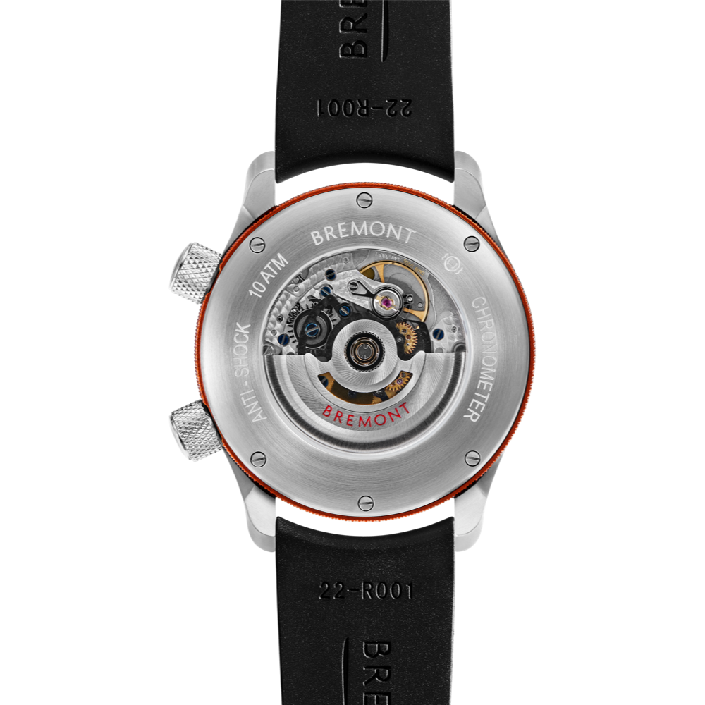 Bremont Watch Company Configurator MBII Custom Stainless Steel, Black Dial with Orange Barrel & Open Case Back