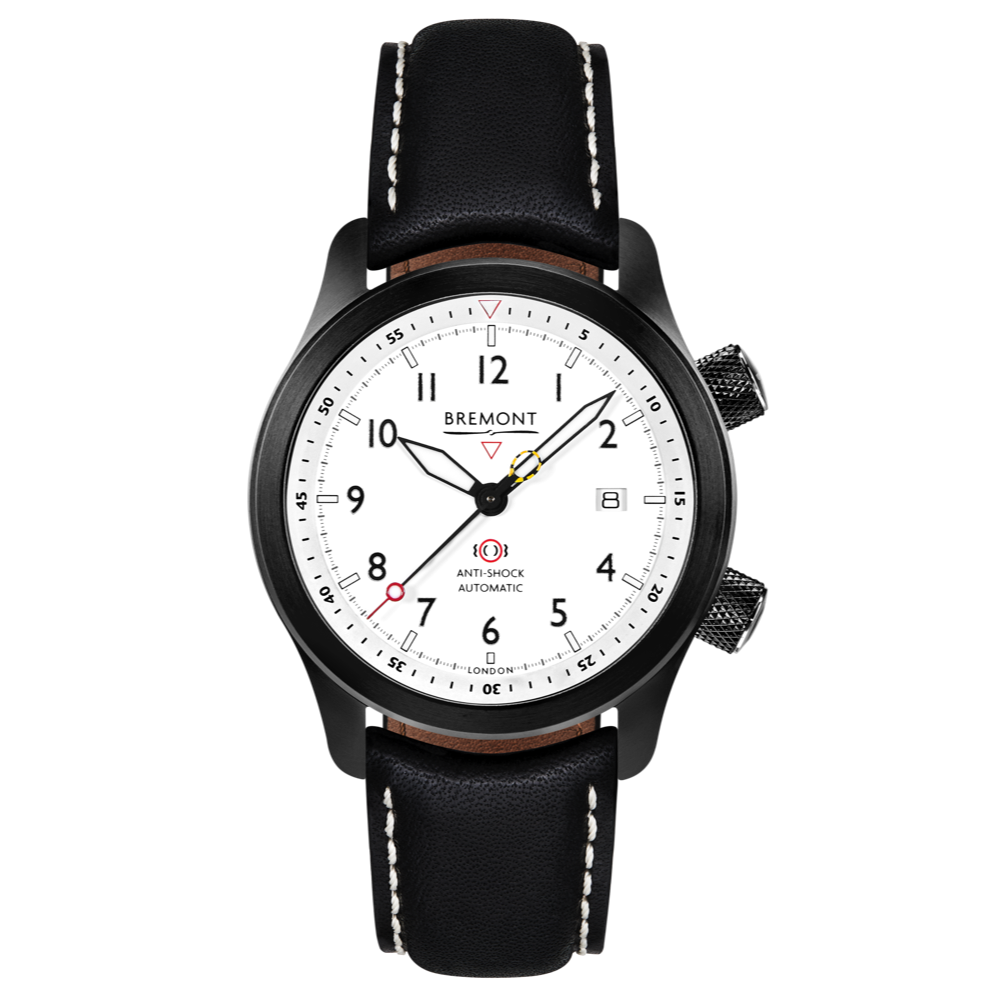 Bremont Watch Company Configurator Black with White Stitch Leather / Short / Pin Buckle MBII Custom DLC, White Dial with Orange Barrel & Closed Case Back