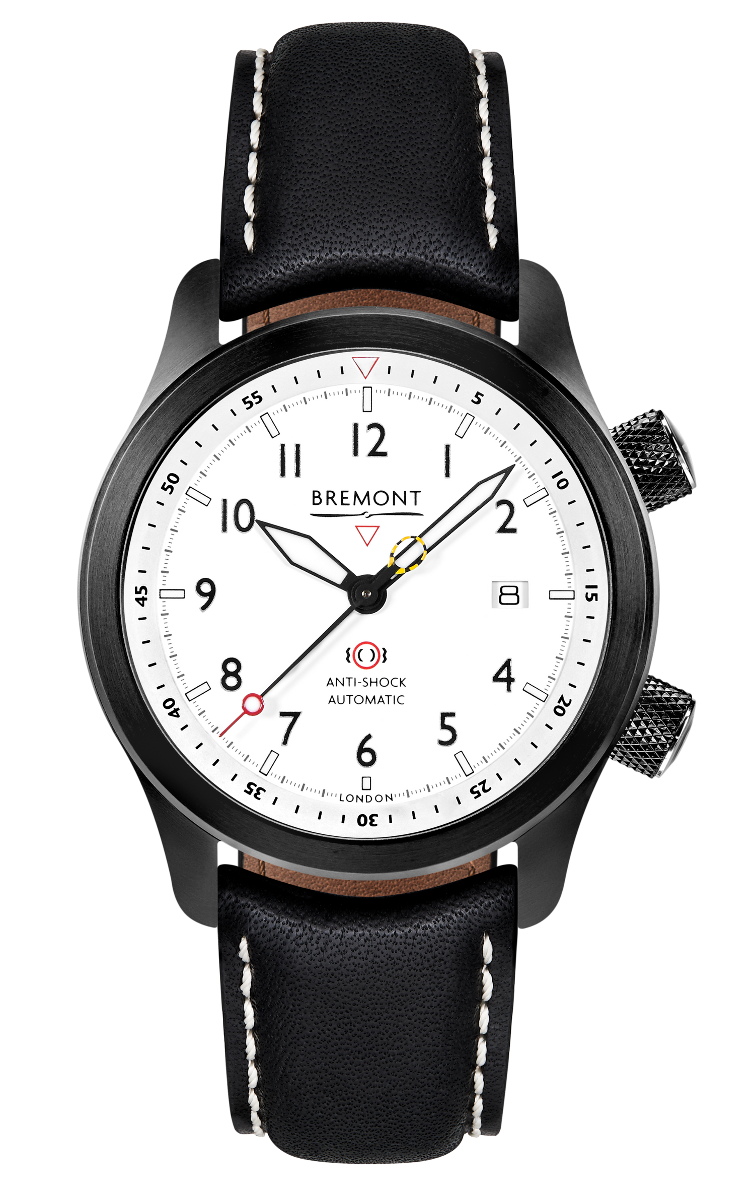 Bremont Watch Company Configurator Black with White Stitch Leather / Short / Pin Buckle MBII Custom DLC, White Dial with Dark Blue Barrel & Closed Case Back