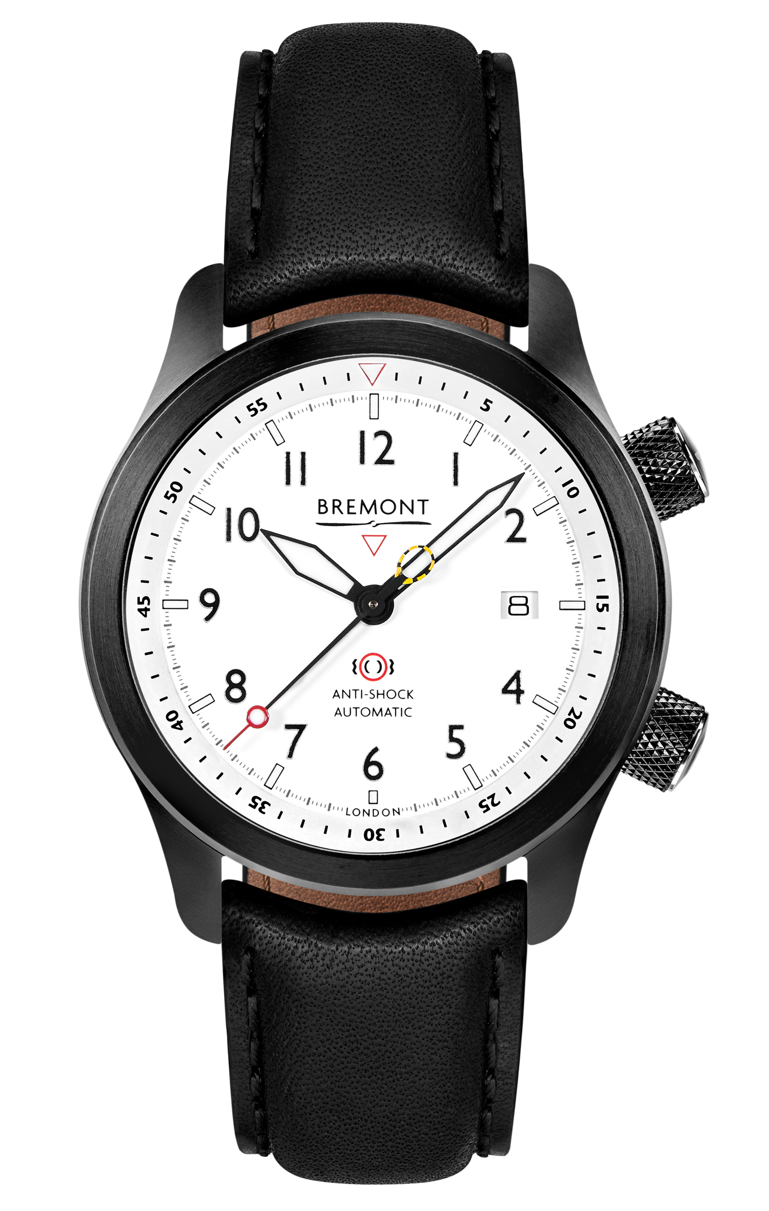 Bremont Watch Company Configurator Black with Black Stitch Leather / Short / Pin Buckle MBII Custom DLC, White Dial with Dark Blue Barrel & Closed Case Back