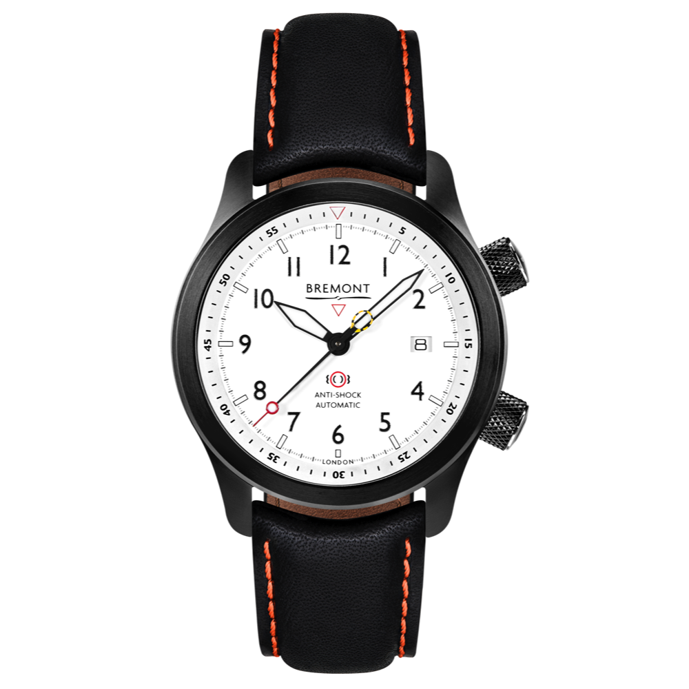 Bremont Watch Company Configurator Black with Orange Stitch Leather / Short / Pin Buckle MBII Custom DLC, White Dial with Titanium Barrel & Closed Case Back