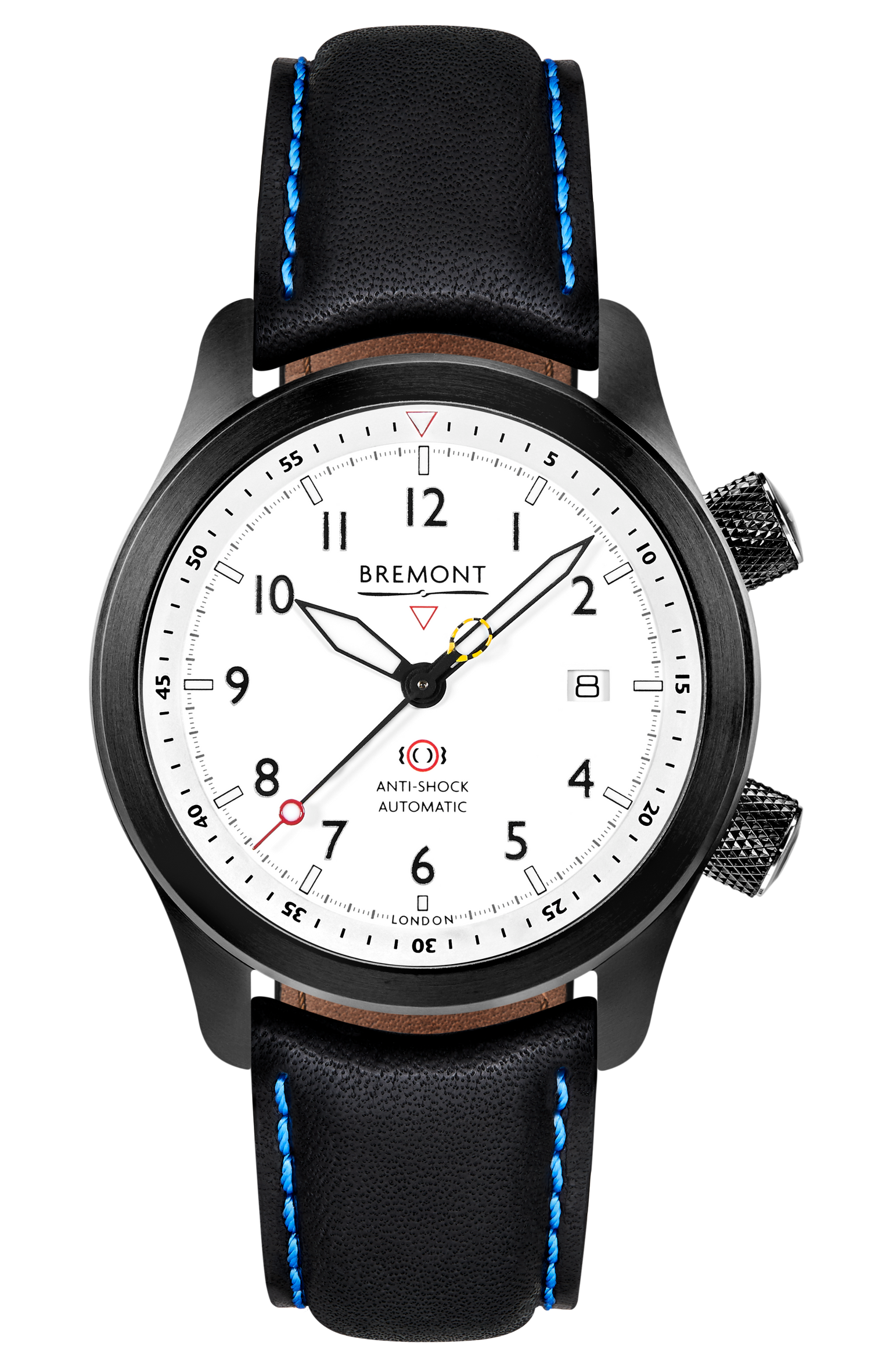Bremont Watch Company Configurator Black with Blue Stitch Leather / Short / Pin Buckle MBII Custom DLC, White Dial with Dark Blue Barrel & Closed Case Back