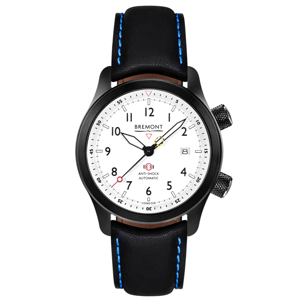 Bremont Watch Company Configurator Black with Blue Stitch Leather / Short / Pin Buckle MBII Custom DLC, White Dial with Titanium Barrel & Open Case Back