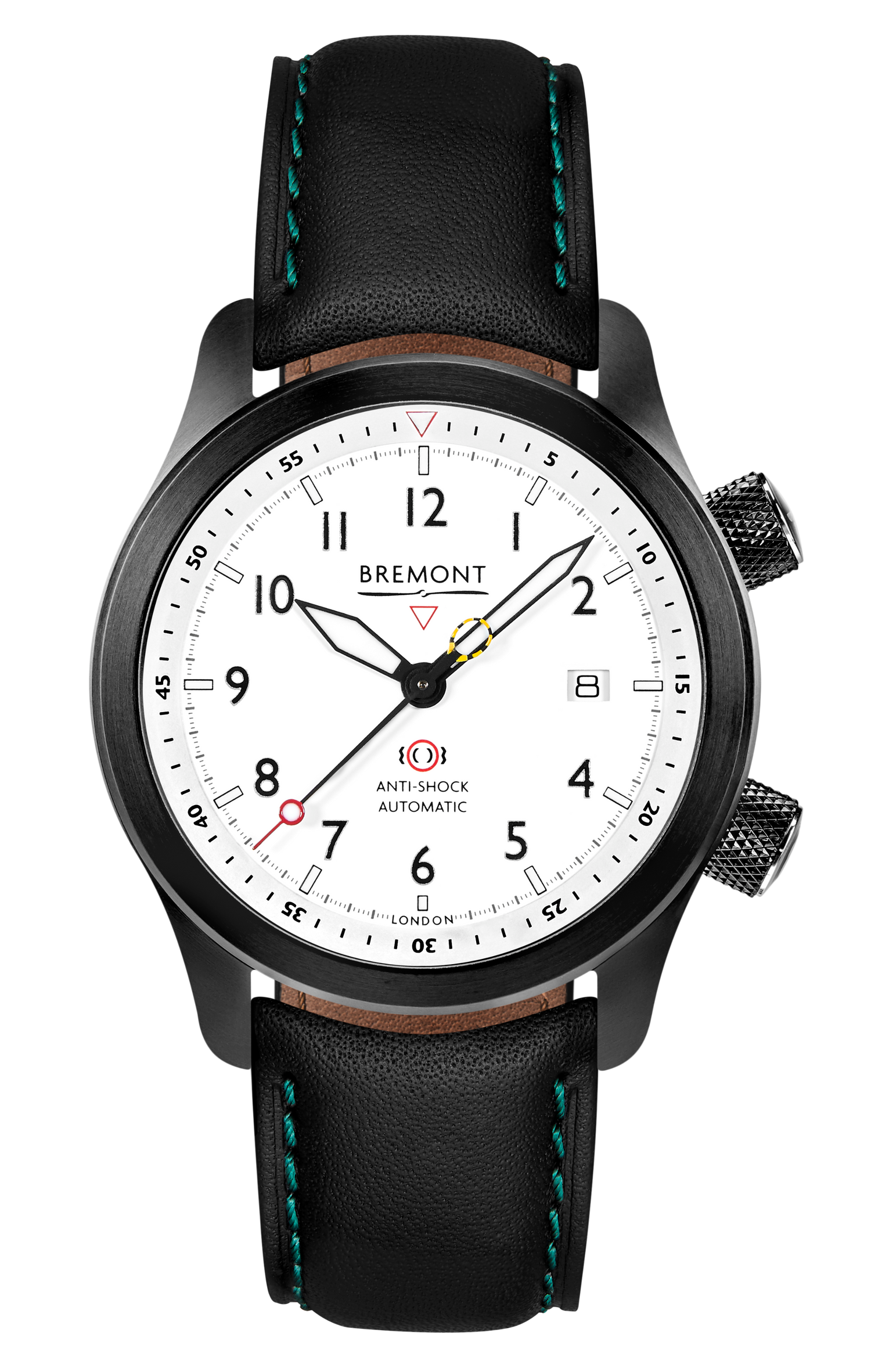 Bremont Watch Company Configurator Black with Green Stitch Leather / Short / Pin Buckle MBII Custom DLC, White Dial with Dark Blue Barrel & Open Case Back