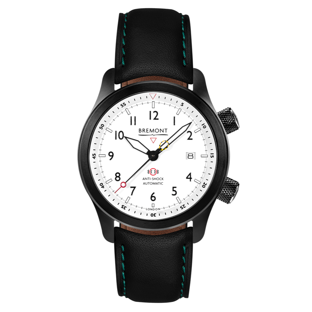 Bremont Watch Company Configurator Black with Green Stitch Leather / Short / Pin Buckle MBII Custom DLC, White Dial with Titanium Barrel & Open Case Back
