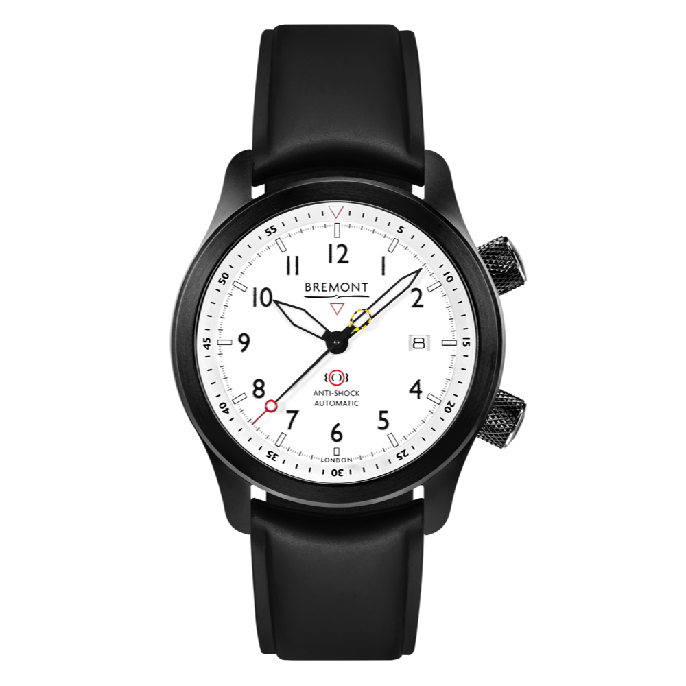 Bremont Watch Company Configurator Black Temple Island / Short / Pin Buckle MBII Custom DLC, White Dial with Yellow Barrel & Open Case Back