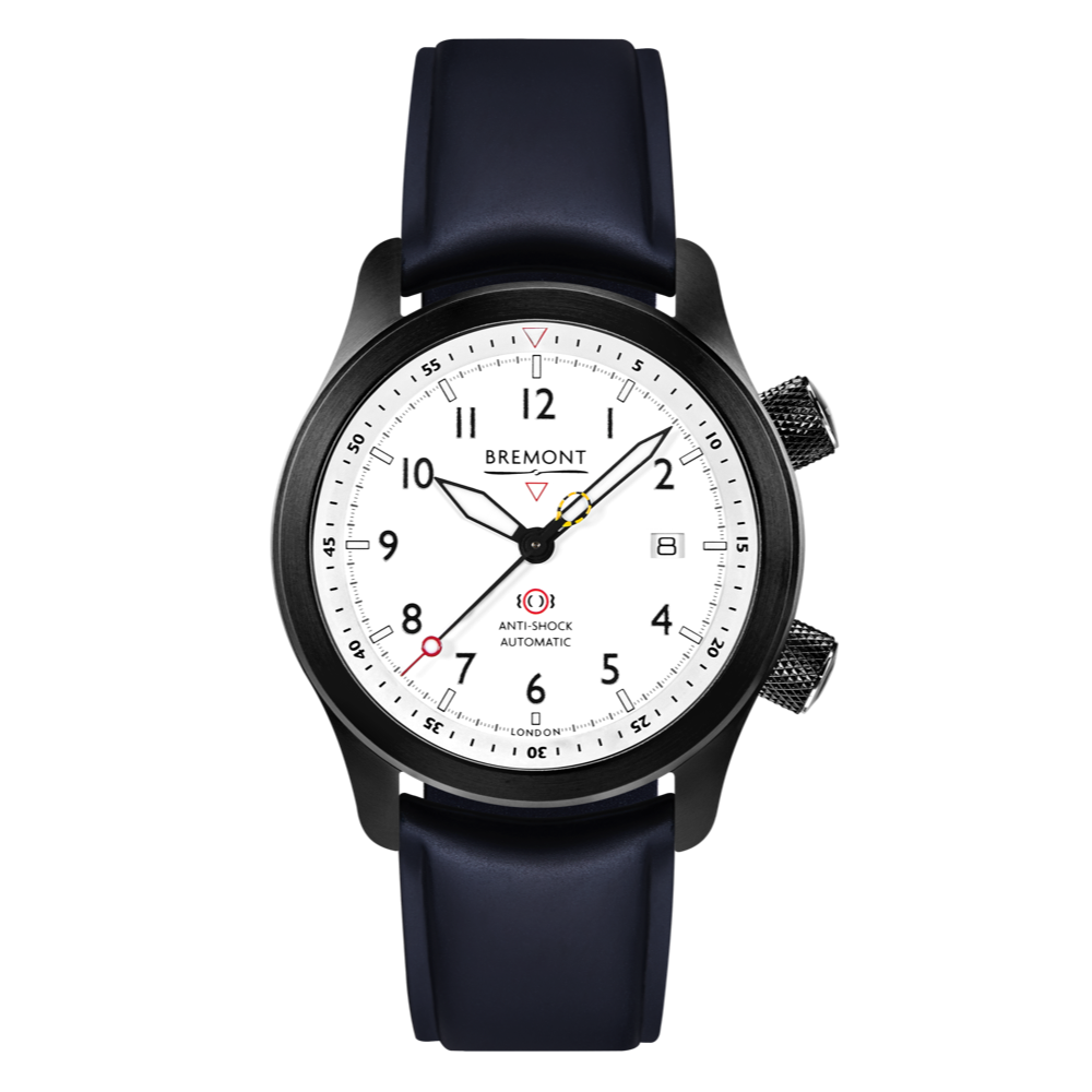 Bremont Watch Company Configurator Blue Temple Island / Short / Pin Buckle MBII Custom DLC, White Dial with Yellow Barrel & Open Case Back