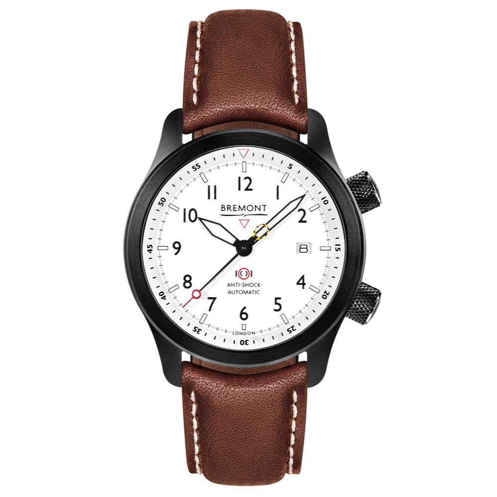 Bremont Watch Company Configurator Brown with White Stitch Leather / Short / Pin Buckle MBII Custom DLC, White Dial with Orange Barrel & Closed Case Back