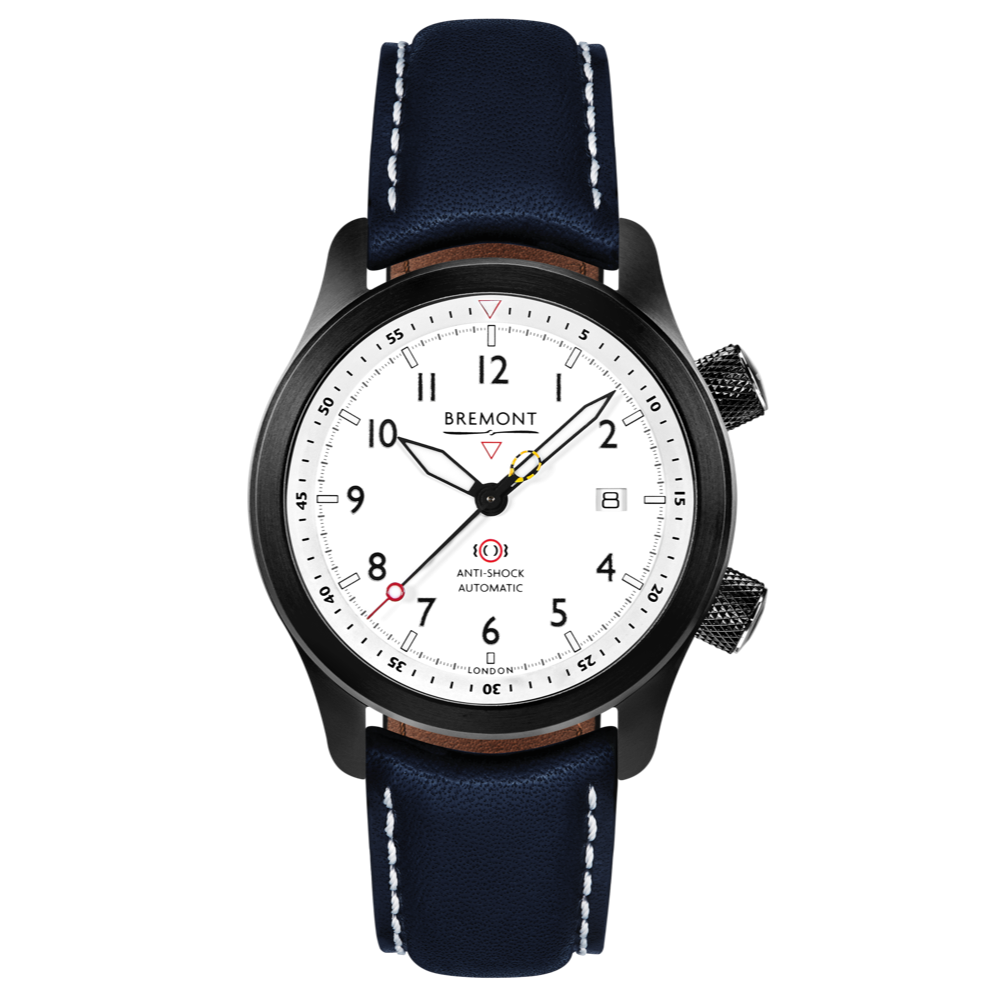 Bremont Watch Company Configurator Blue with White Stitch Leather / Short / Pin Buckle MBII Custom DLC, White Dial with Titanium Barrel & Closed Case Back
