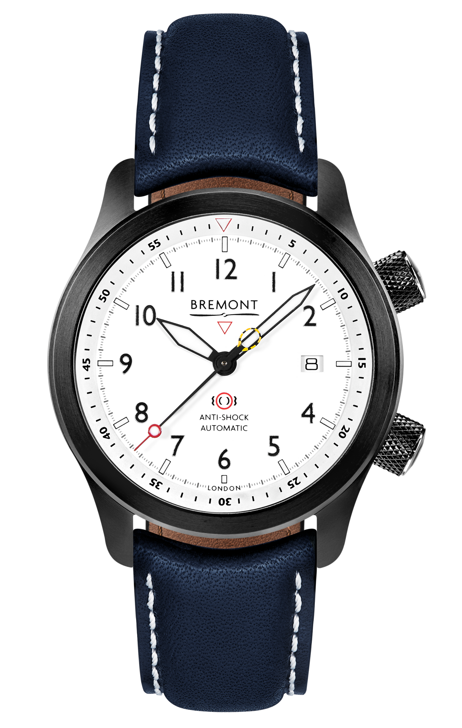 Bremont Watch Company Configurator Blue with White Stitch Leather / Short / Pin Buckle MBII Custom DLC, White Dial with Dark Blue Barrel & Open Case Back