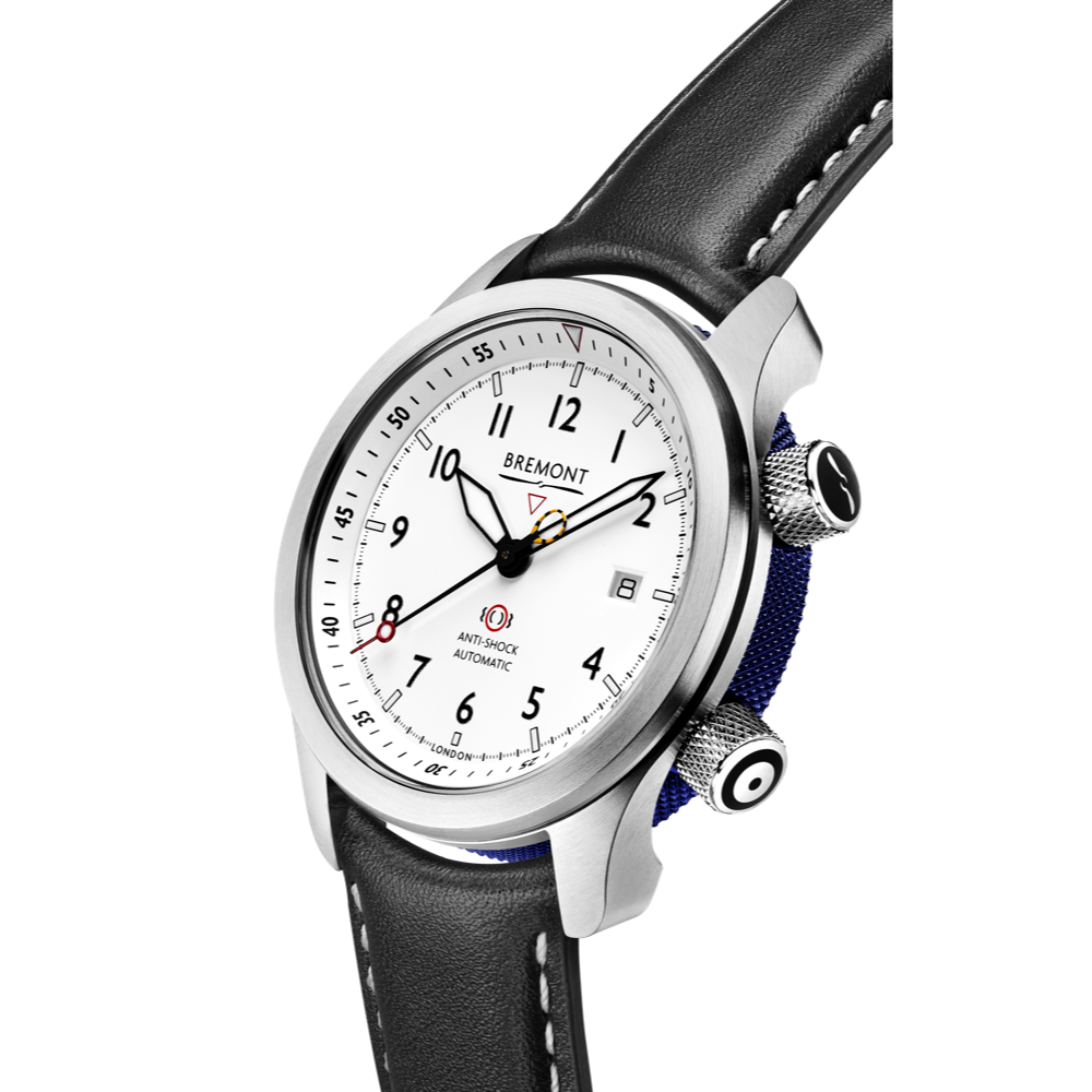 Bremont Watch Company Configurator MBII Custom Stainless Steel, White Dial with Blue Barrel & Closed Case Back