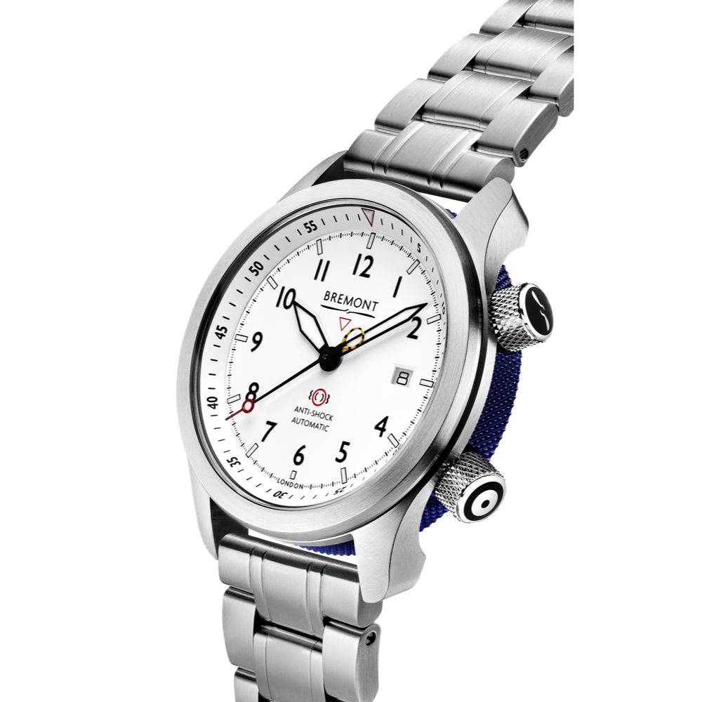 Bremont Watch Company Configurator MBII Custom Stainless Steel, White Dial with Blue Barrel & Closed Case Back