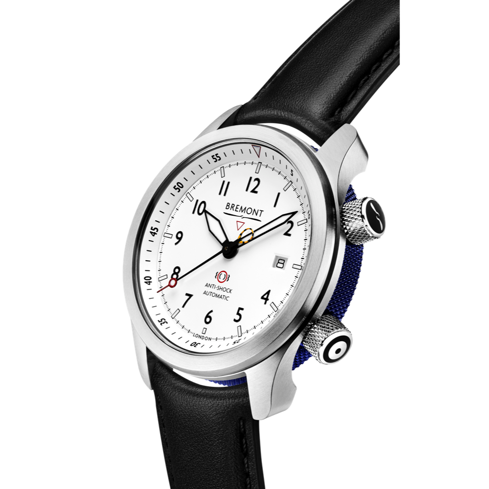 Bremont Watch Company Configurator MBII Custom Stainless Steel, White Dial with Blue Barrel & Closed Case Back