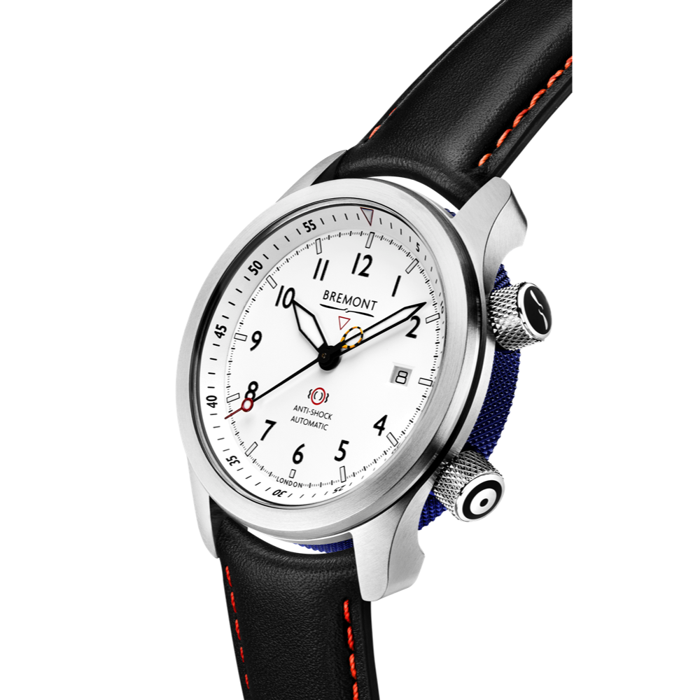 Bremont Watch Company Configurator MBII Custom Stainless Steel, White Dial with Blue Barrel & Closed Case Back