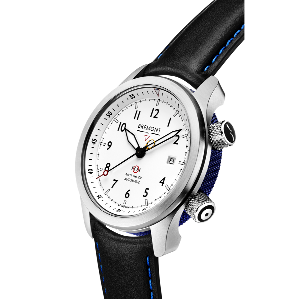 Bremont Watch Company Configurator MBII Custom Stainless Steel, White Dial with Blue Barrel & Closed Case Back