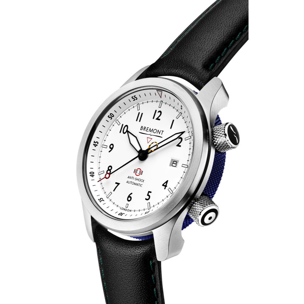 Bremont Watch Company Configurator MBII Custom Stainless Steel, White Dial with Blue Barrel & Closed Case Back