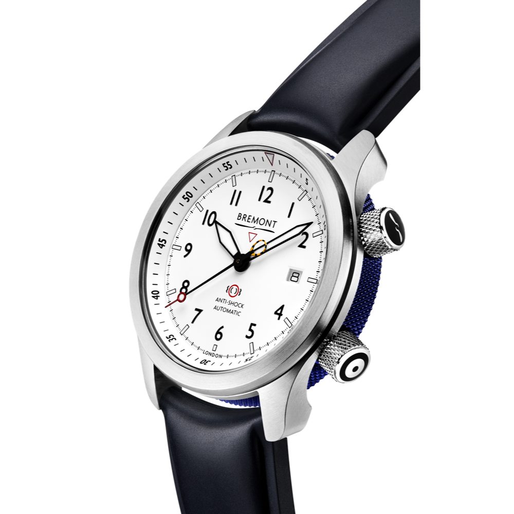 Bremont Watch Company Configurator MBII Custom Stainless Steel, White Dial with Blue Barrel & Closed Case Back