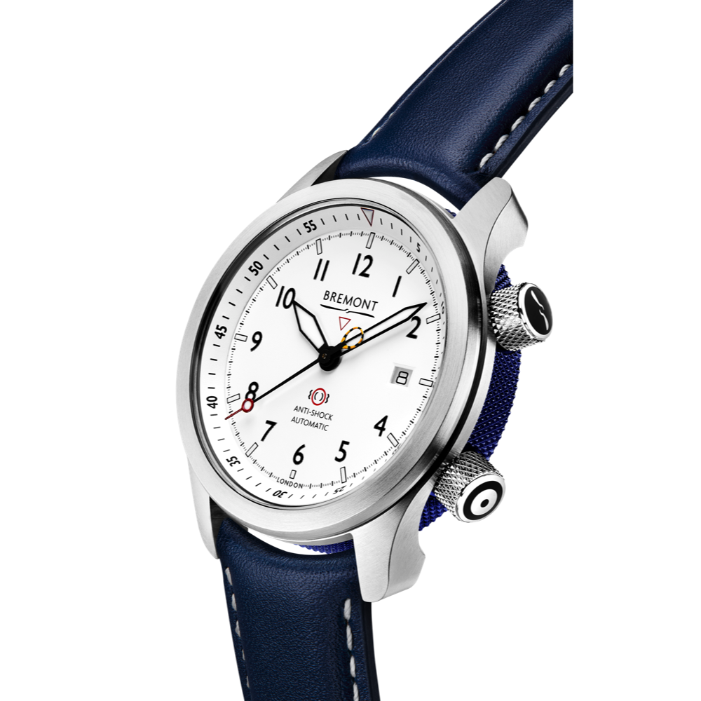Bremont Watch Company Configurator MBII Custom Stainless Steel, White Dial with Blue Barrel & Closed Case Back