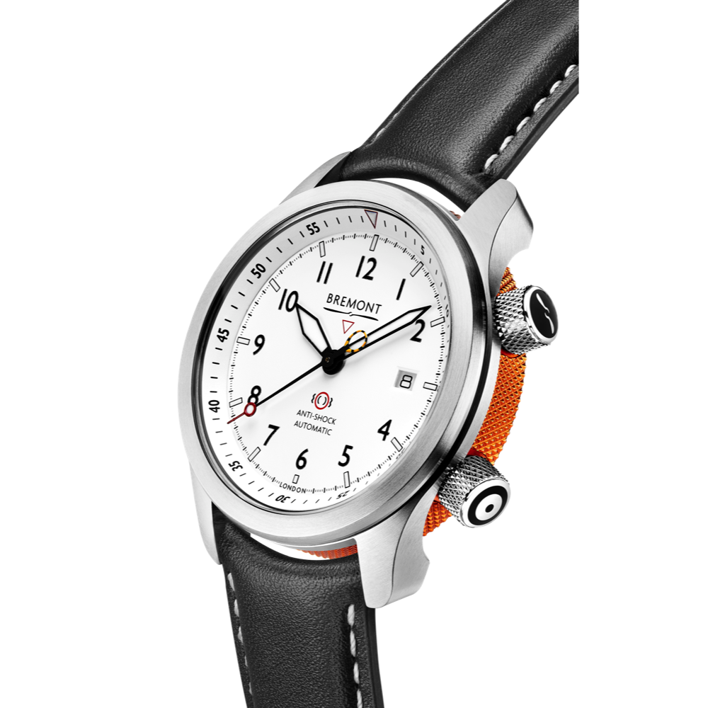 Bremont Watch Company Configurator MBII Custom Stainless Steel, White Dial with Orange Barrel & Closed Case Back