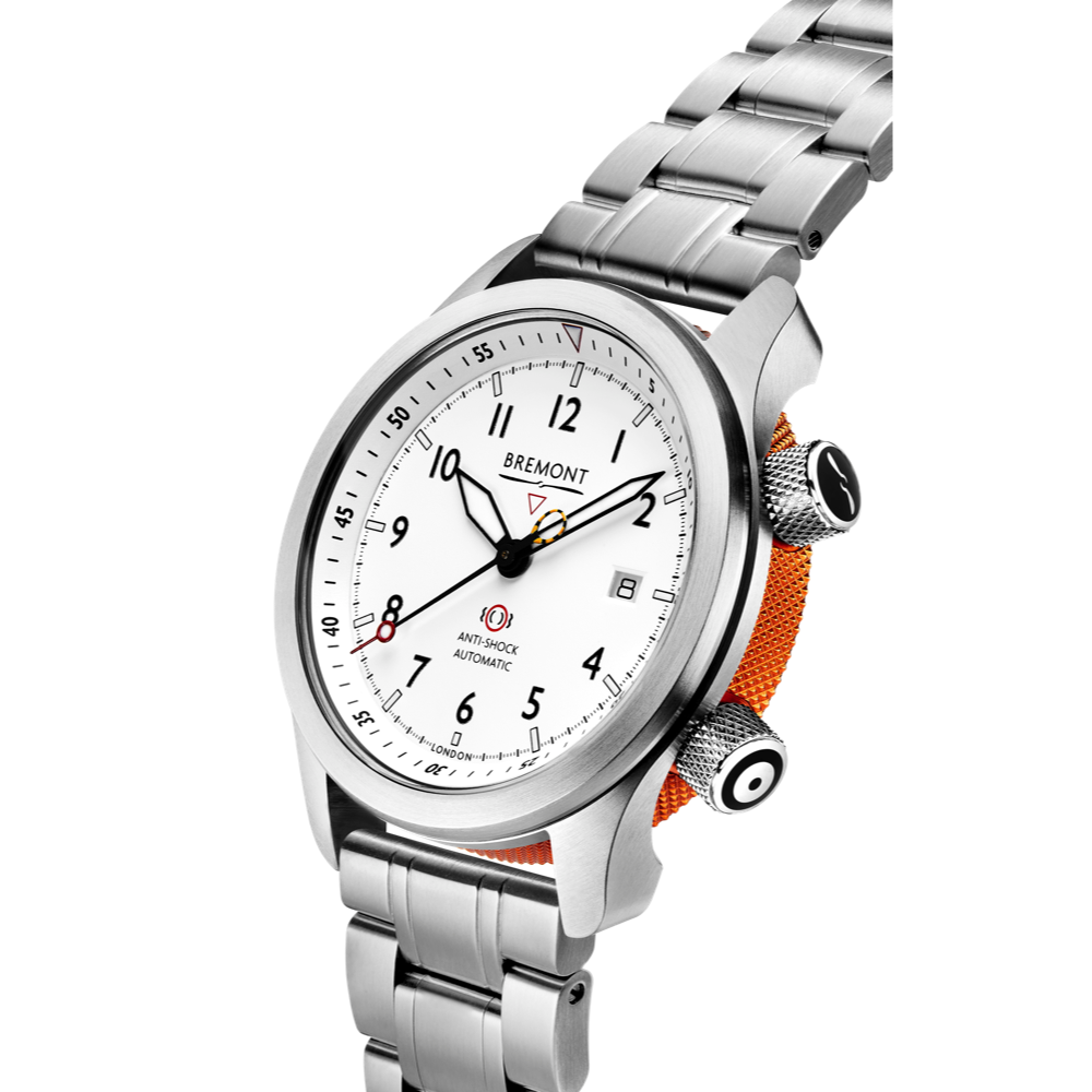 Bremont Watch Company Configurator MBII Custom Stainless Steel, White Dial with Orange Barrel & Closed Case Back