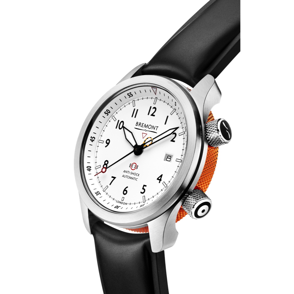 Bremont Watch Company Configurator MBII Custom Stainless Steel, White Dial with Orange Barrel & Closed Case Back