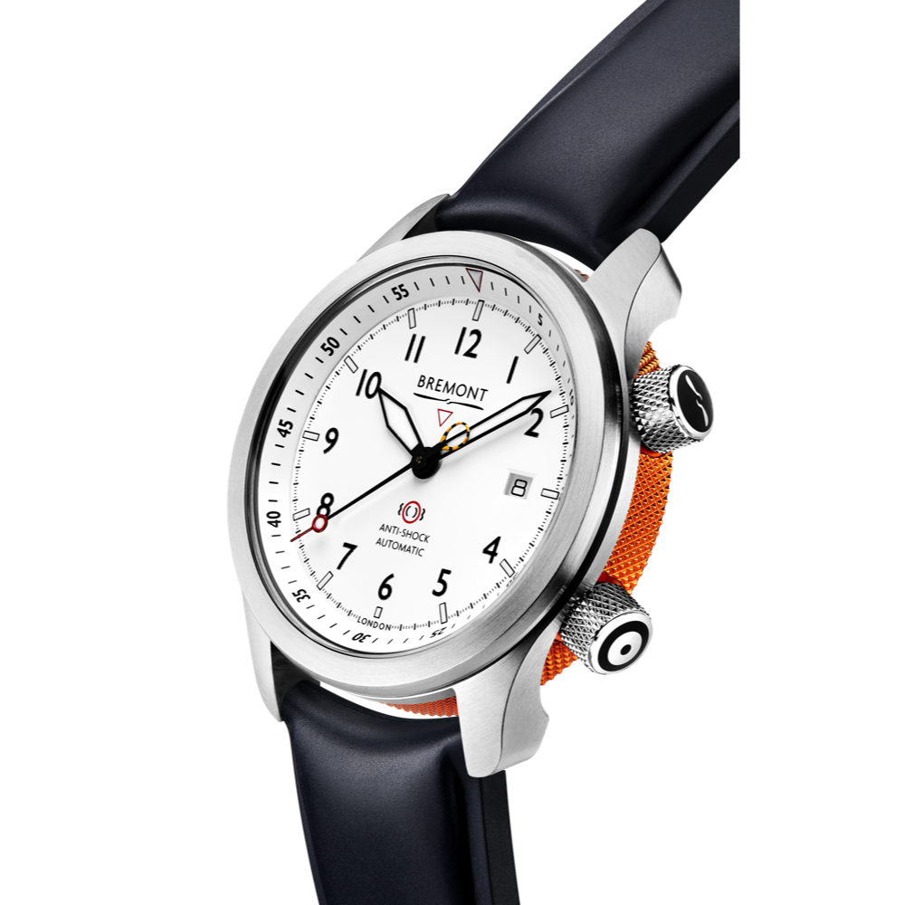 Bremont Watch Company Configurator MBII Custom Stainless Steel, White Dial with Orange Barrel & Closed Case Back